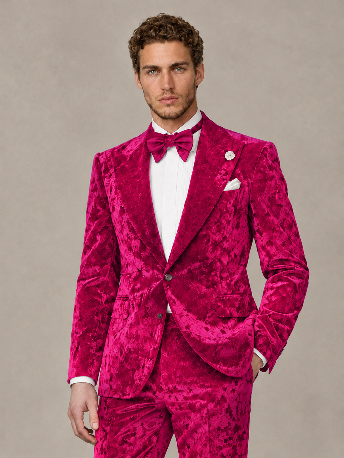 Savile Men's Hot Pink Crushed Velvet Peak Lapel 2-Piece Suit Set | Jacket & Trousers - Hot Pink - Hot Pink (1)