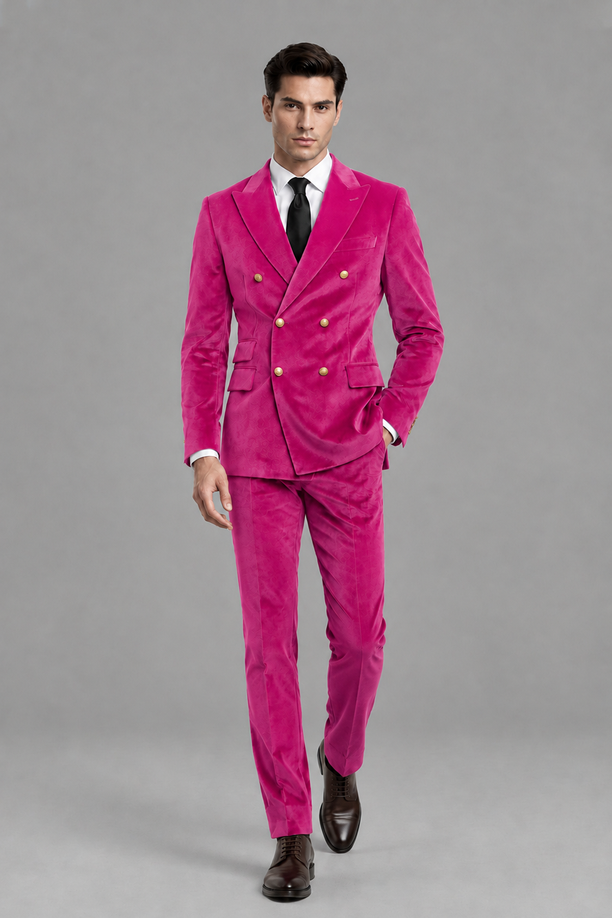 Savile Men's Hot Pink Velvet Double-Breasted 2-Piece Suit Set | Peak Lapel Blazer & Trousers - Hot Pink