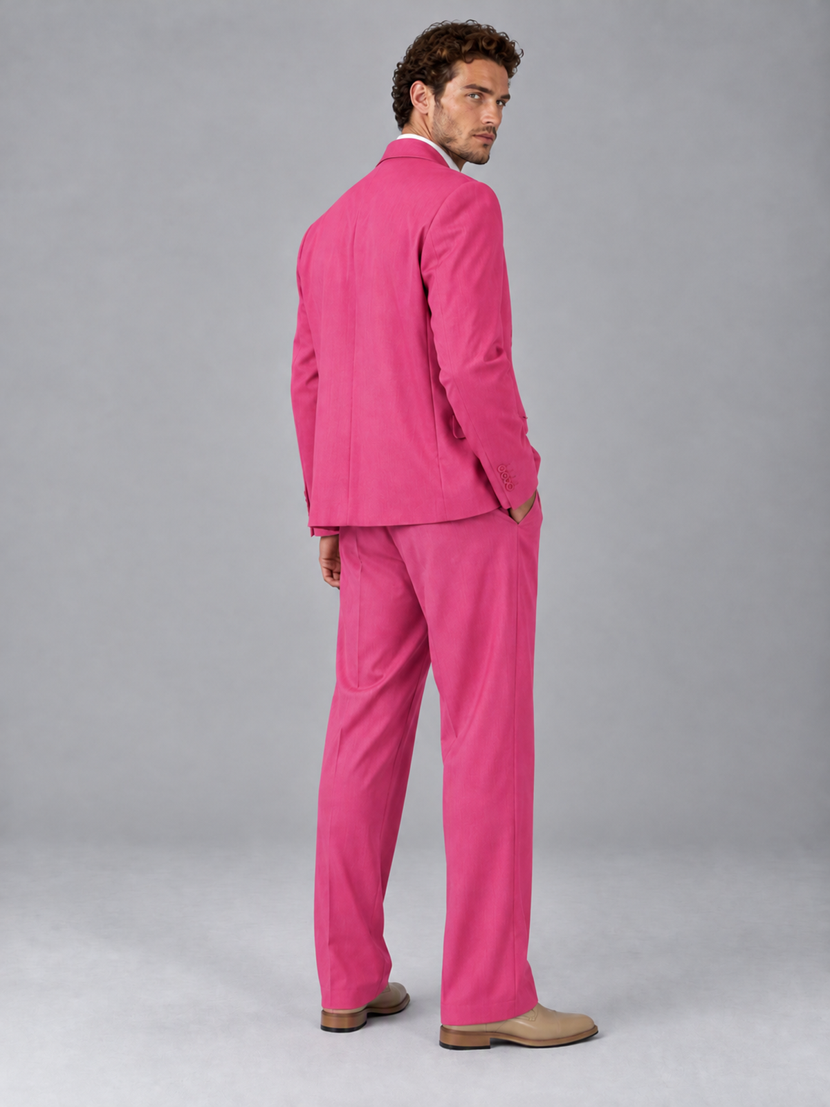 Savile Hot Pink Beige Double-Breasted 2-Piece Suit with Peak Lapel - Hot Pink