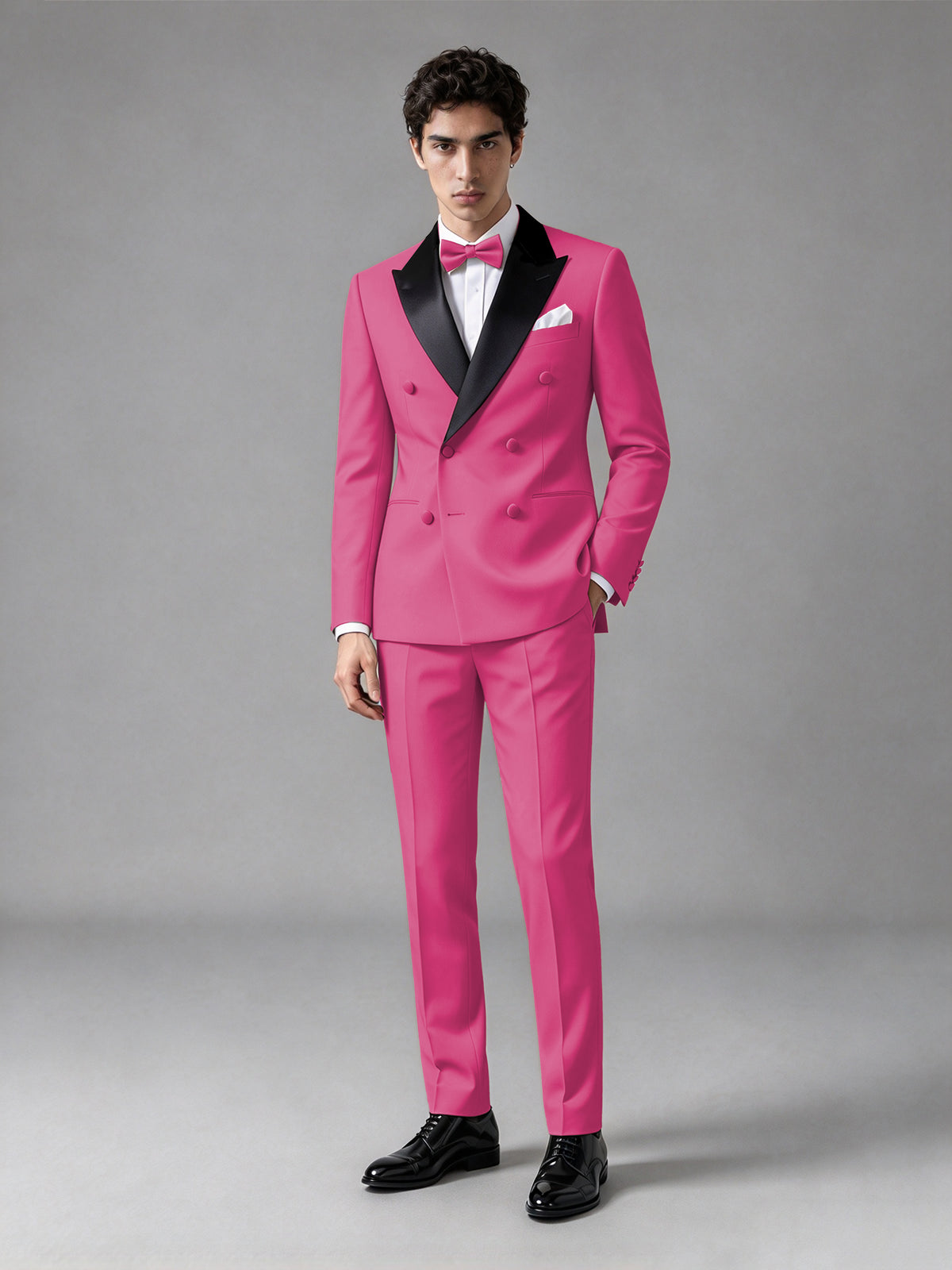 Men's Hot Pink Double-Breasted Satin Peak Lapel Tuxedo Suit Set (Jacket + Trousers) - Hot Pink