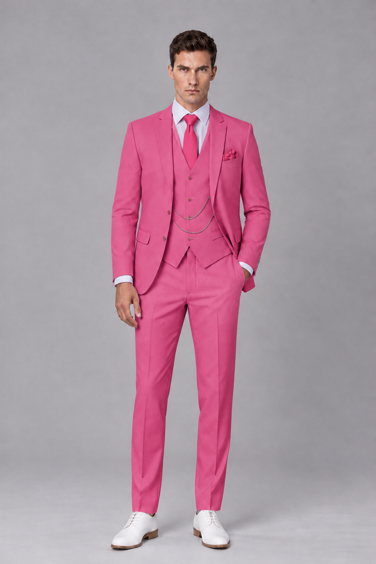 Savile Hot Pink 3-Piece Suit with Notch Lapel & Chain Vest - Hot Pink