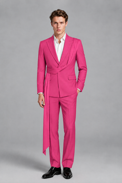 Men's Hot Pink Draped Sash Suit – Peak Lapel 2-Piece Slim Fit Party, Gala & Wedding Set - Hot Pink
