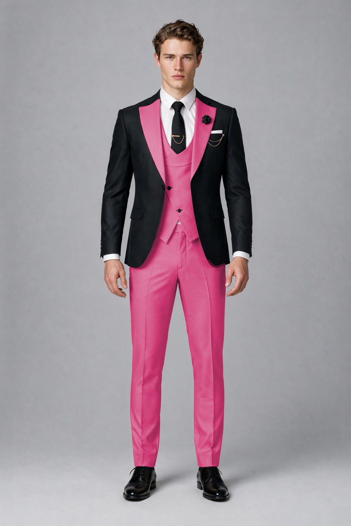Savile Men's Black & Hot Pink Three-Piece Wedding Suit - Hot Pink