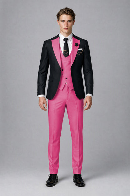 Savile Men's Black & Hot Pink Three-Piece Wedding Suit - Hot Pink