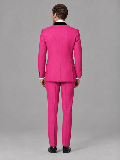 Savile Men's Hot Pink Velvet Shawl Lapel Tuxedo Suit – Modern Side-Buckle Dinner Jacket & Trousers 2-Piece Set - Hot Pink