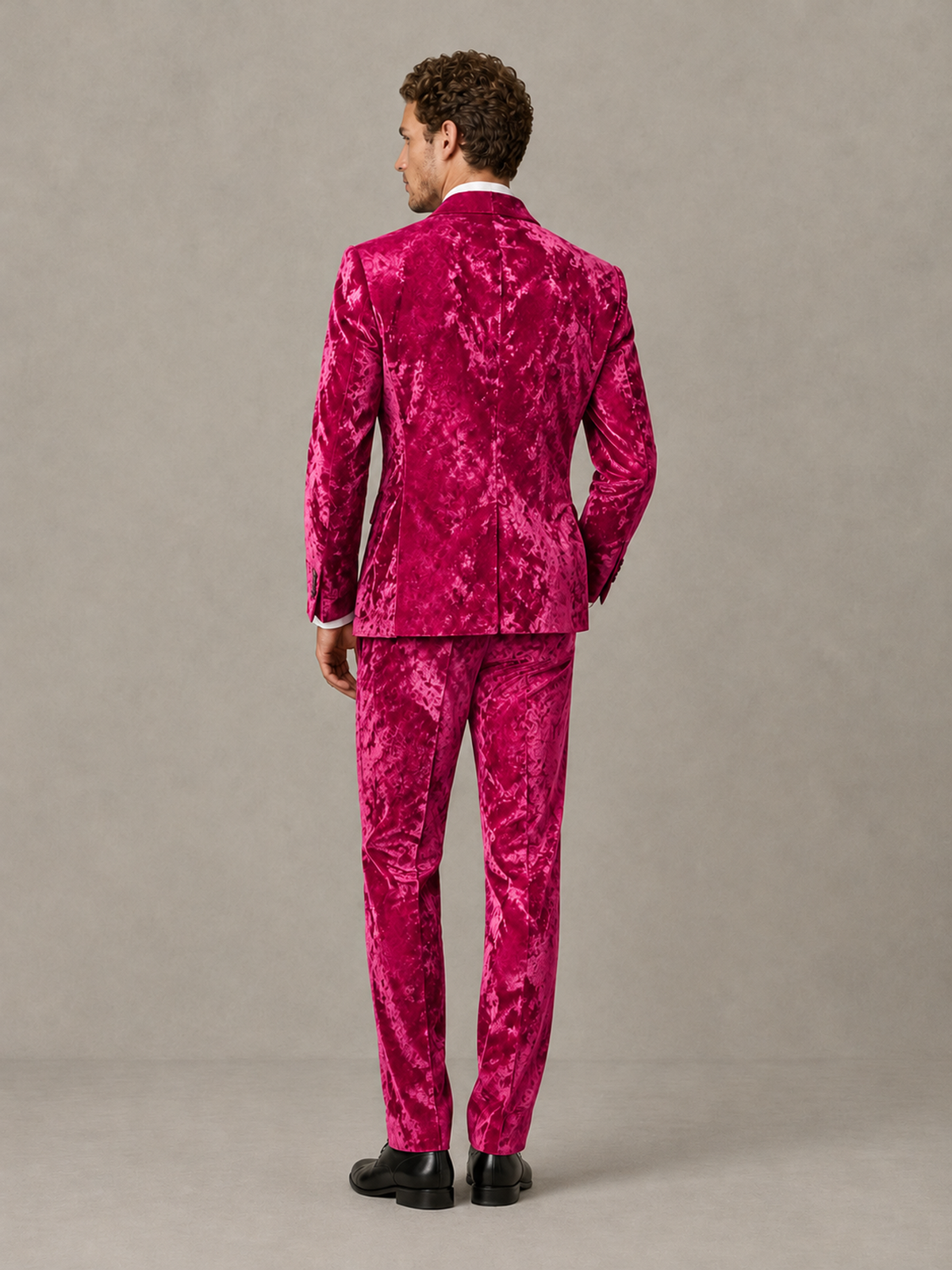 Savile Men's Hot Pink Crushed Velvet Peak Lapel 2-Piece Suit Set | Jacket & Trousers - Hot Pink - Hot Pink (2)