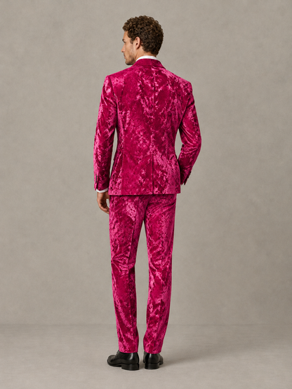 Savile Men's Hot Pink Crushed Velvet Peak Lapel 2-Piece Suit Set | Jacket & Trousers - Hot Pink - Hot Pink (2)