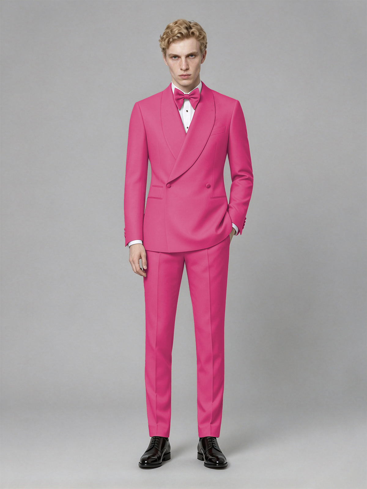 Men's Hot Pink Single-Button Hot Pink Satin Shawl Lapel Tuxedo Suit Set | Blazer & Trousers - Hot Pink