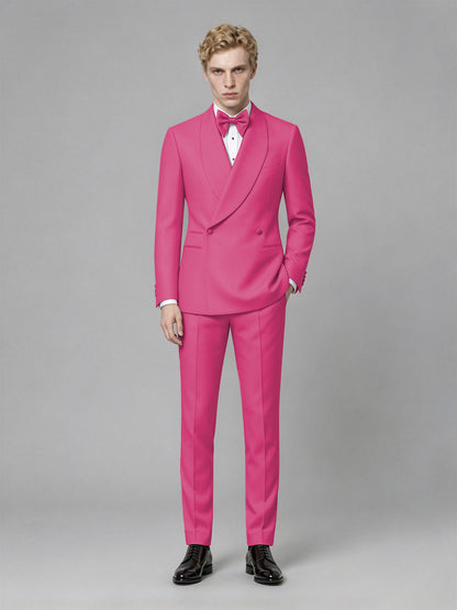 Men's Hot Pink Single-Button Hot Pink Satin Shawl Lapel Tuxedo Suit Set | Blazer & Trousers - Hot Pink