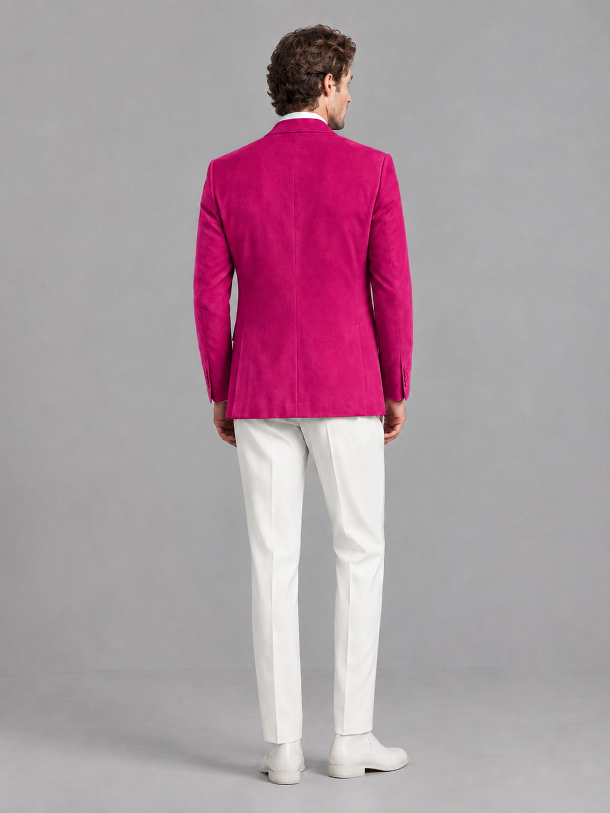 Savile Men's Hot Pink Velvet Shawl Lapel 2-Piece Tuxedo Suit Set | Jacket & White Trousers - Hot Pink - Hot Pink (2)