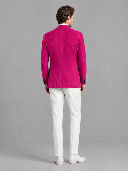 Savile Men's Hot Pink Velvet Shawl Lapel 2-Piece Tuxedo Suit Set | Jacket & White Trousers - Hot Pink - Hot Pink (2)