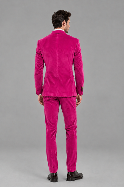 Savile Men's Hot Pink Velvet Double-Breasted 2-Piece Suit Set | Peak Lapel Blazer & Trousers - Hot Pink
