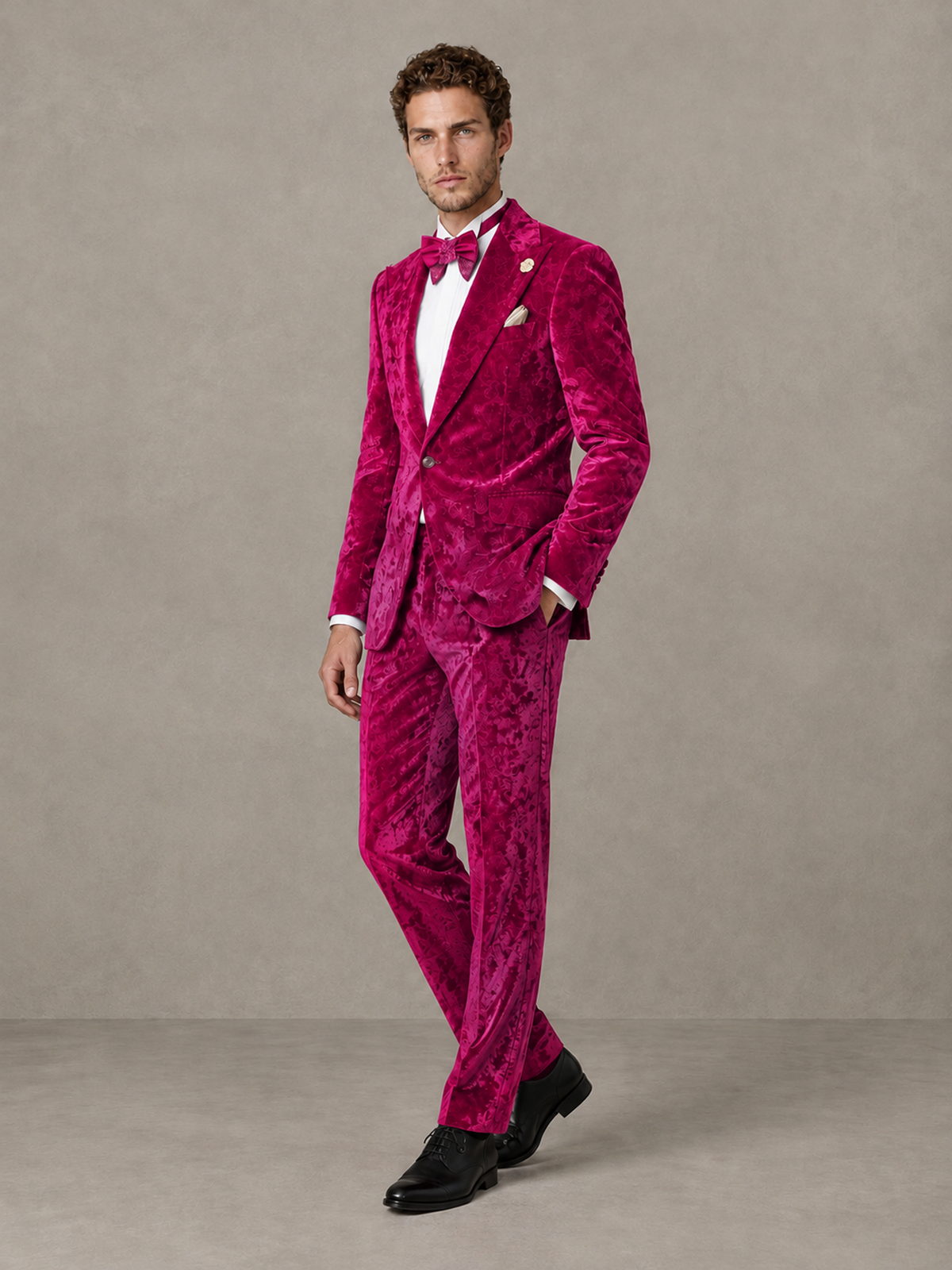 Savile Men's Hot Pink Crushed Velvet Peak Lapel 2-Piece Suit Set | Jacket & Trousers - Hot Pink - Hot Pink (3)