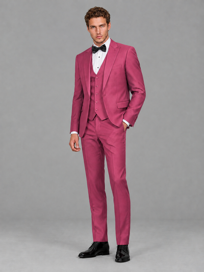Savile Men's Hot Pink Peak Lapel 3-Piece Tuxedo Suit | Jacket, Vest & Trousers - Hot Pink