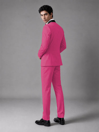 Men's Hot Pink Double-Breasted Satin Peak Lapel Tuxedo Suit Set (Jacket + Trousers) - Hot Pink