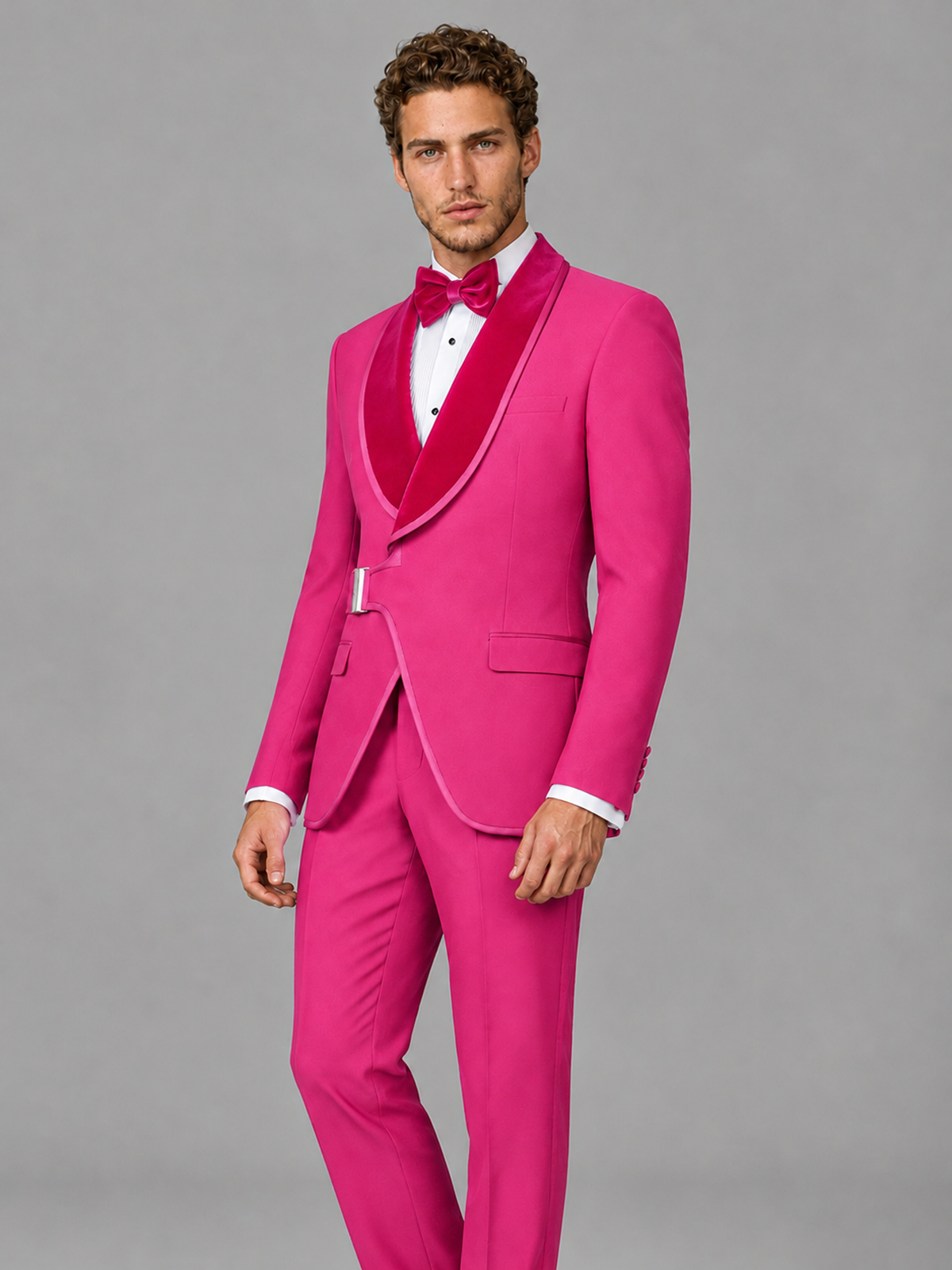 Savile Men's Hot Pink Velvet Shawl Lapel Tuxedo Suit – Modern Side-Buckle Dinner Jacket & Trousers 2-Piece Set - Hot Pink