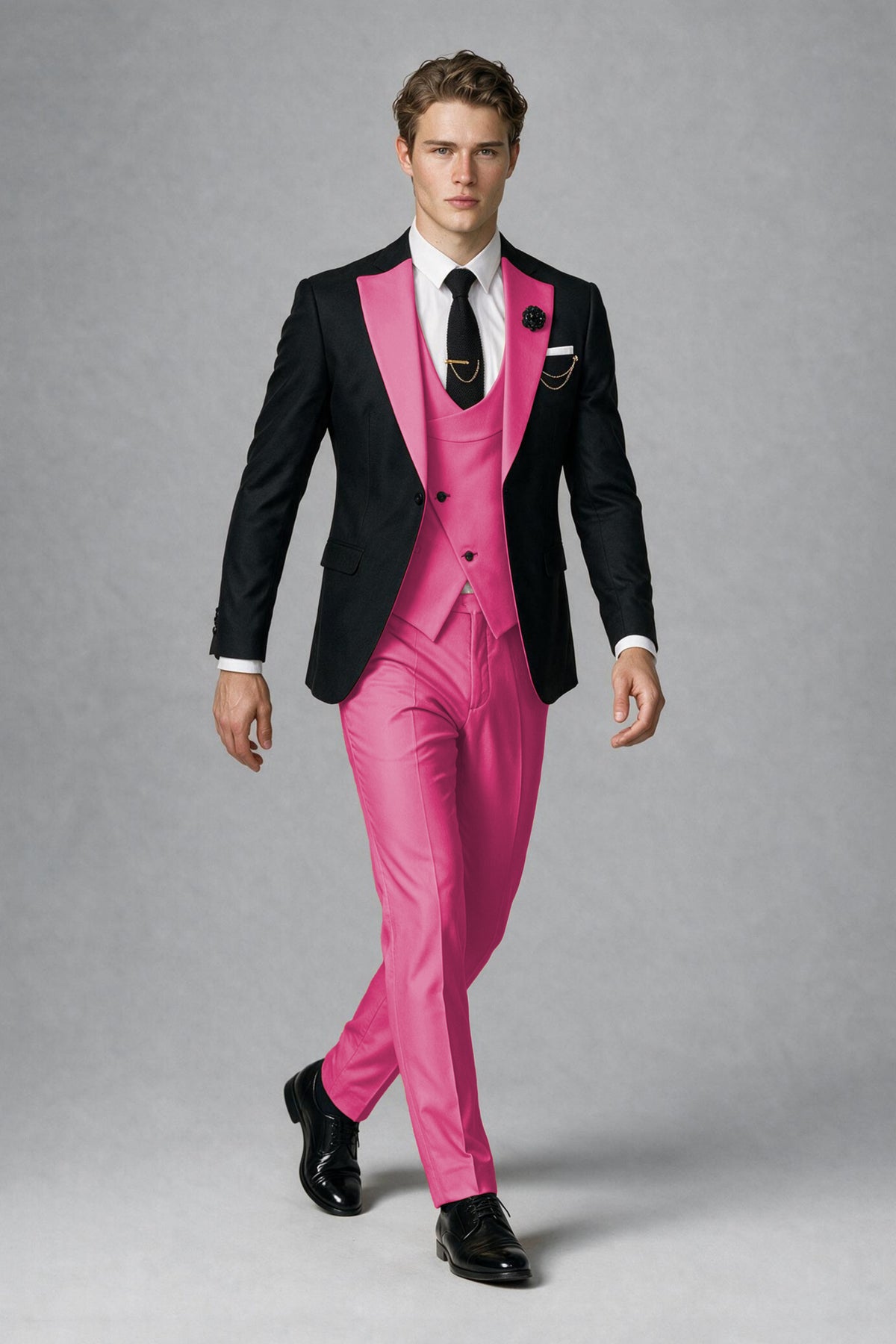 Savile Men's Black & Hot Pink Three-Piece Wedding Suit - Hot Pink