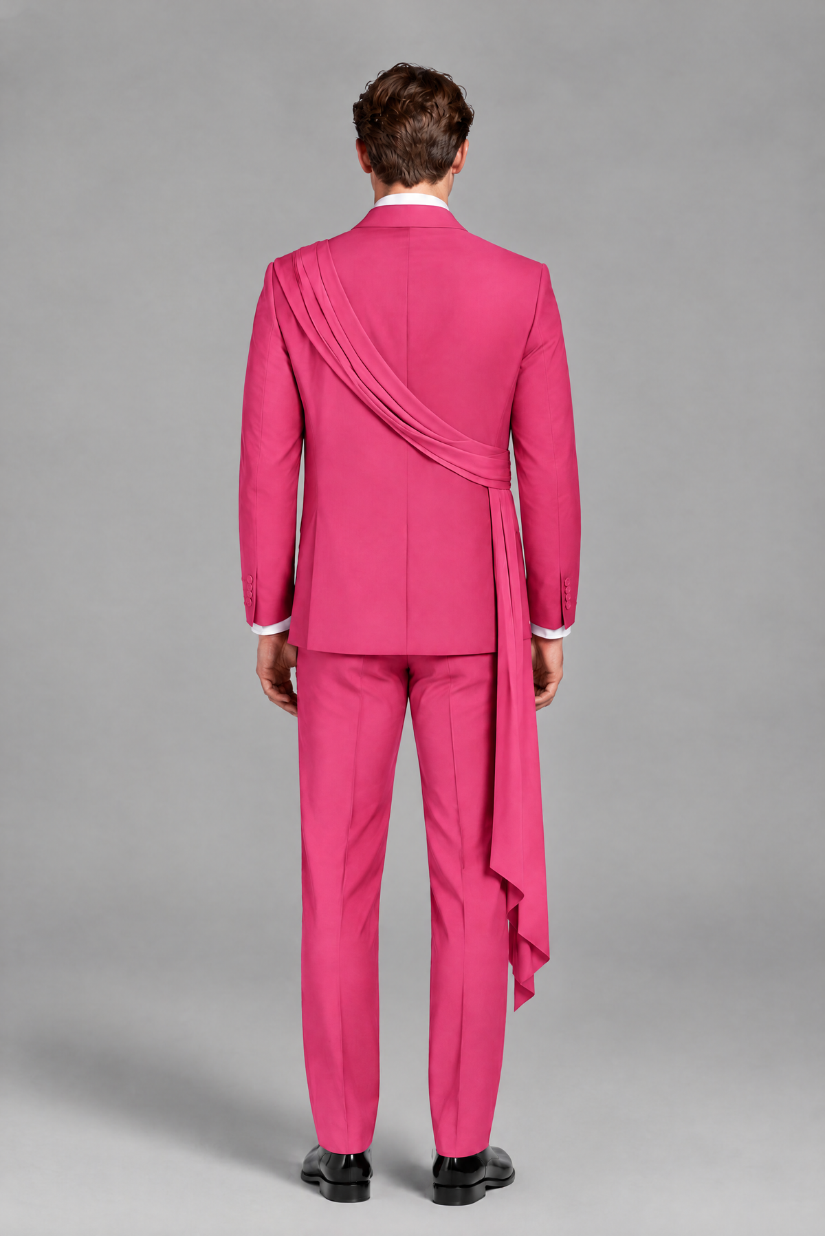 Men's Hot Pink Draped Sash Suit – Peak Lapel 2-Piece Slim Fit Party, Gala & Wedding Set - Hot Pink