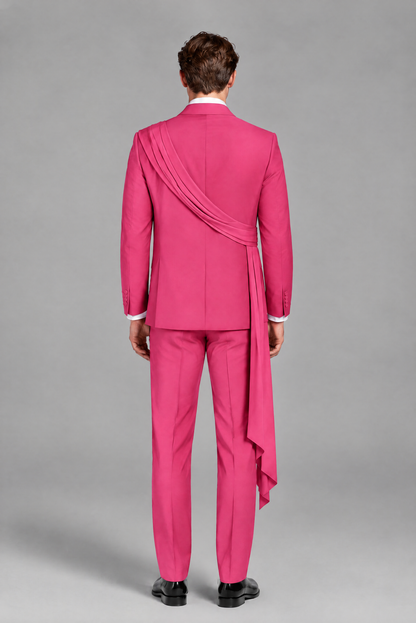 Men's Hot Pink Draped Sash Suit – Peak Lapel 2-Piece Slim Fit Party, Gala & Wedding Set - Hot Pink