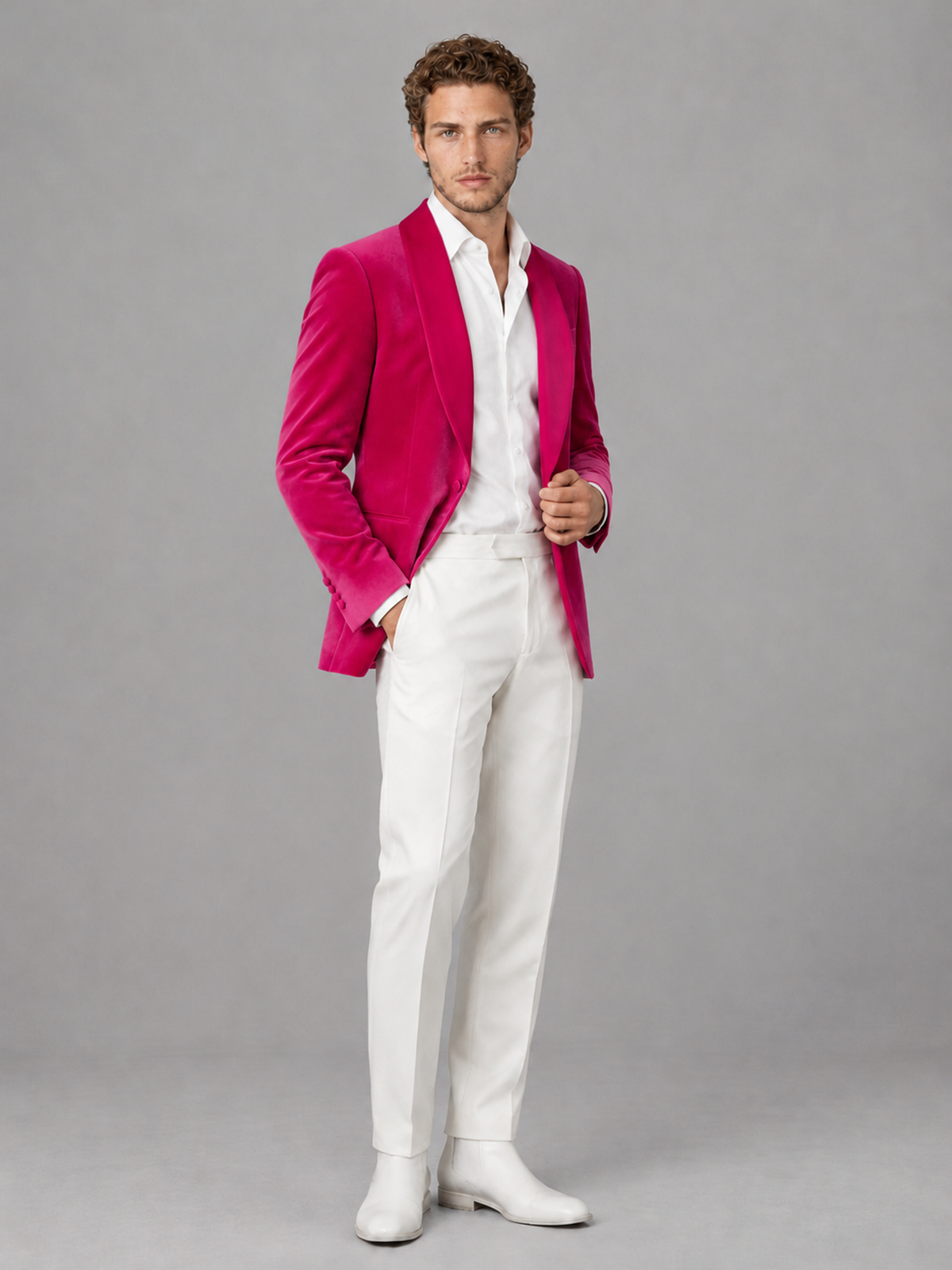 Savile Men's Hot Pink Velvet Shawl Lapel 2-Piece Tuxedo Suit Set | Jacket & White Trousers - Hot Pink - Hot Pink (3)