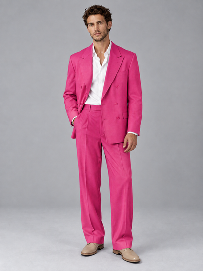 Savile Hot Pink Beige Double-Breasted 2-Piece Suit with Peak Lapel - Hot Pink