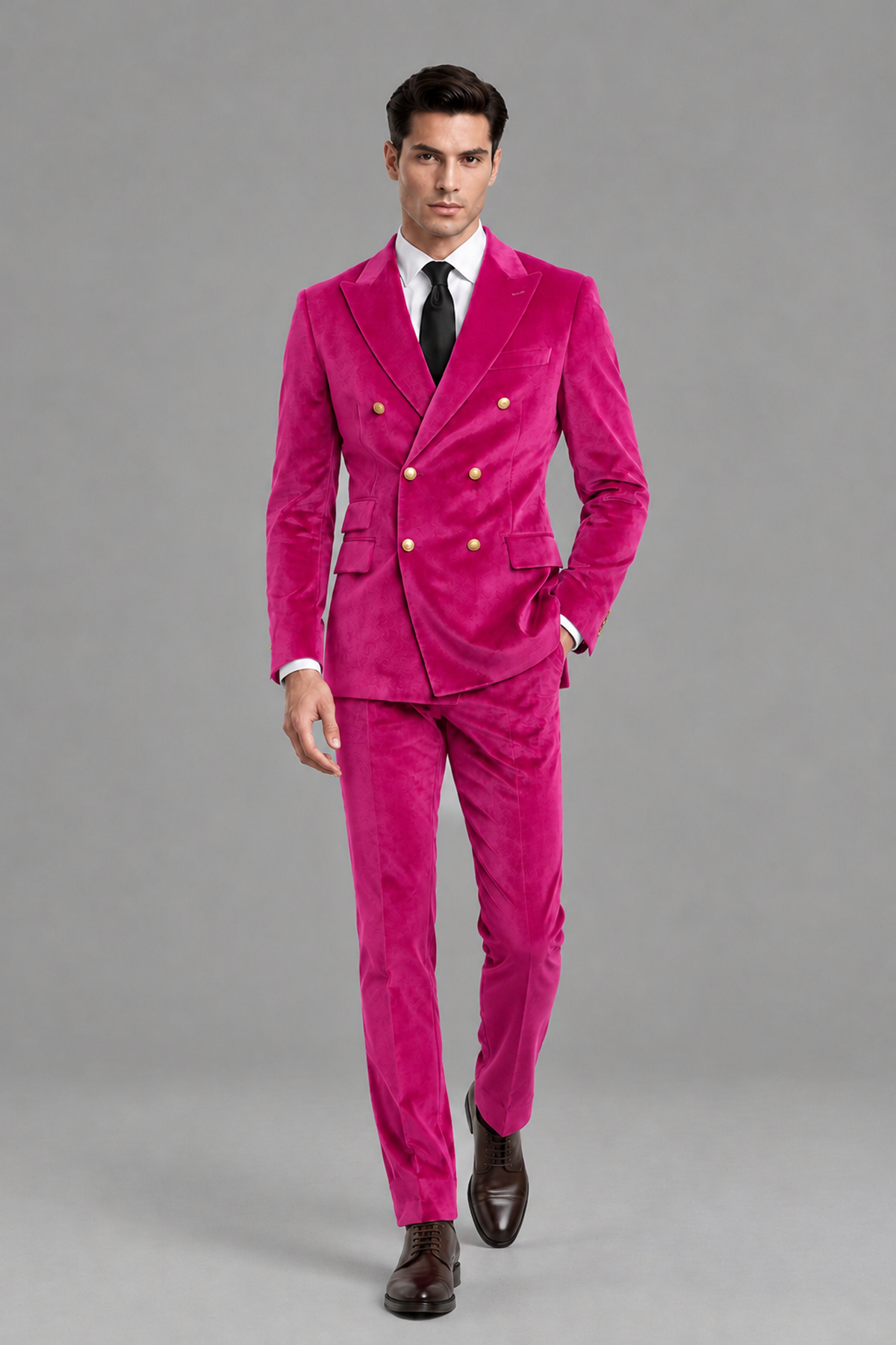 Savile Men's Hot Pink Velvet Double-Breasted 2-Piece Suit Set | Peak Lapel Blazer & Trousers - Hot Pink
