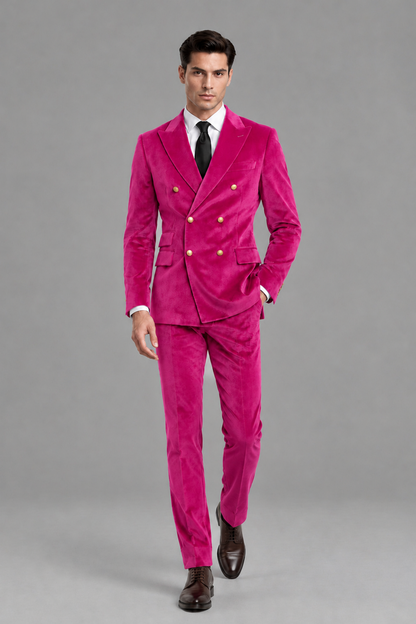 Savile Men's Hot Pink Velvet Double-Breasted 2-Piece Suit Set | Peak Lapel Blazer & Trousers - Hot Pink