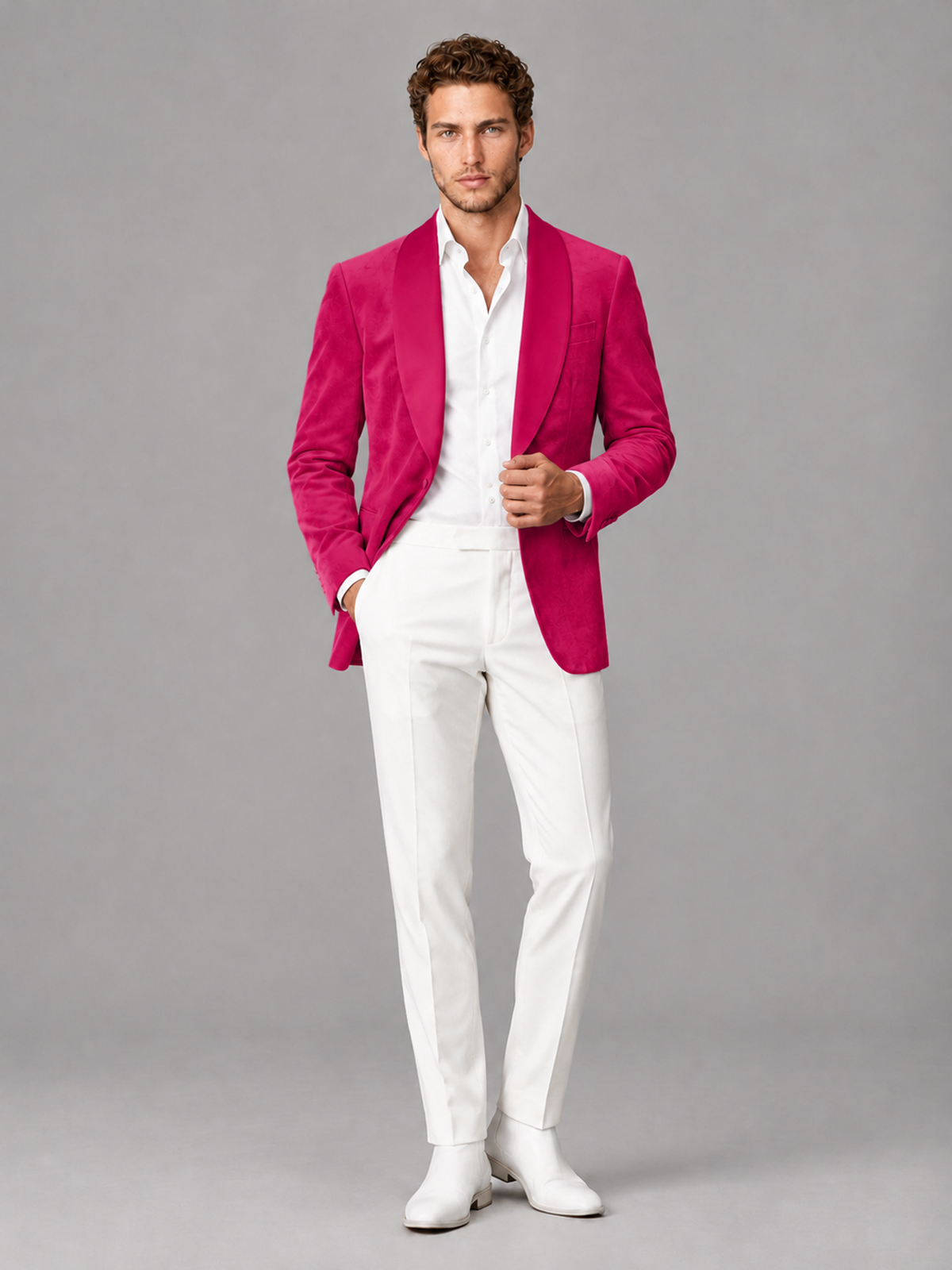 Savile Men's Hot Pink Velvet Shawl Lapel 2-Piece Tuxedo Suit Set | Jacket & White Trousers - Hot Pink - Hot Pink (4)