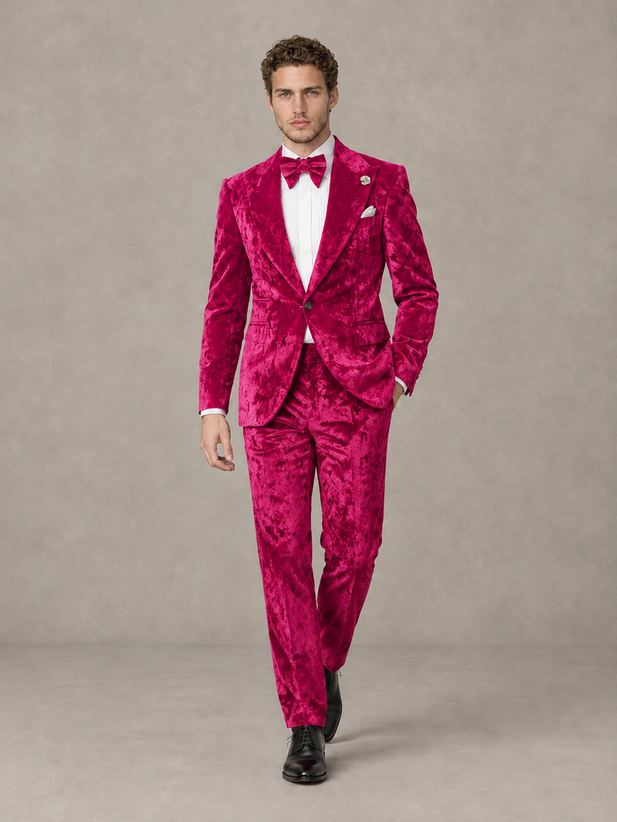 Savile Men's Hot Pink Crushed Velvet Peak Lapel 2-Piece Suit Set | Jacket & Trousers - Hot Pink - Hot Pink (4)
