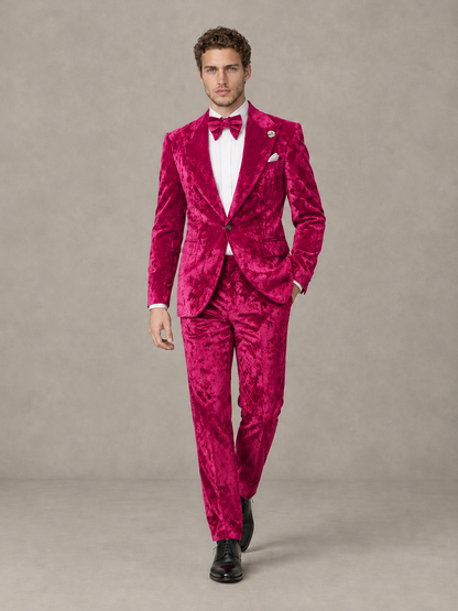Savile Men's Hot Pink Crushed Velvet Peak Lapel 2-Piece Suit Set | Jacket & Trousers - Hot Pink - Hot Pink (4)