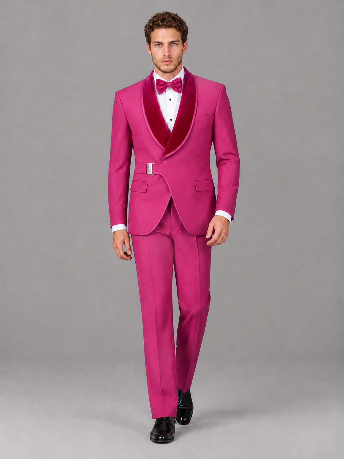 Savile Men's Hot Pink Velvet Shawl Lapel Tuxedo Suit – Modern Side-Buckle Dinner Jacket & Trousers 2-Piece Set - Hot Pink