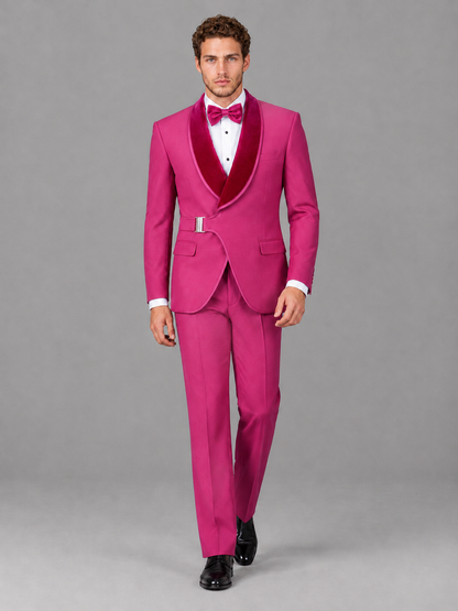 Savile Men's Hot Pink Velvet Shawl Lapel Tuxedo Suit – Modern Side-Buckle Dinner Jacket & Trousers 2-Piece Set - Hot Pink