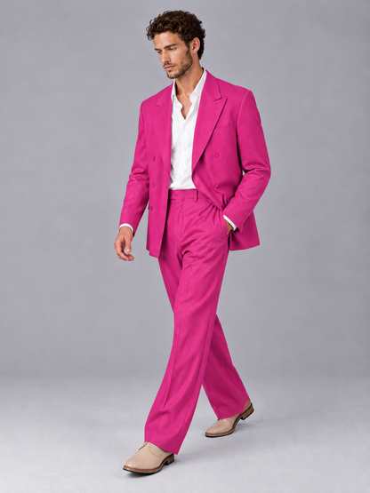 Savile Hot Pink Beige Double-Breasted 2-Piece Suit with Peak Lapel - Hot Pink