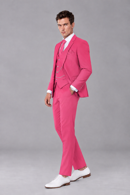 Savile Hot Pink 3-Piece Suit with Notch Lapel & Chain Vest - Hot Pink