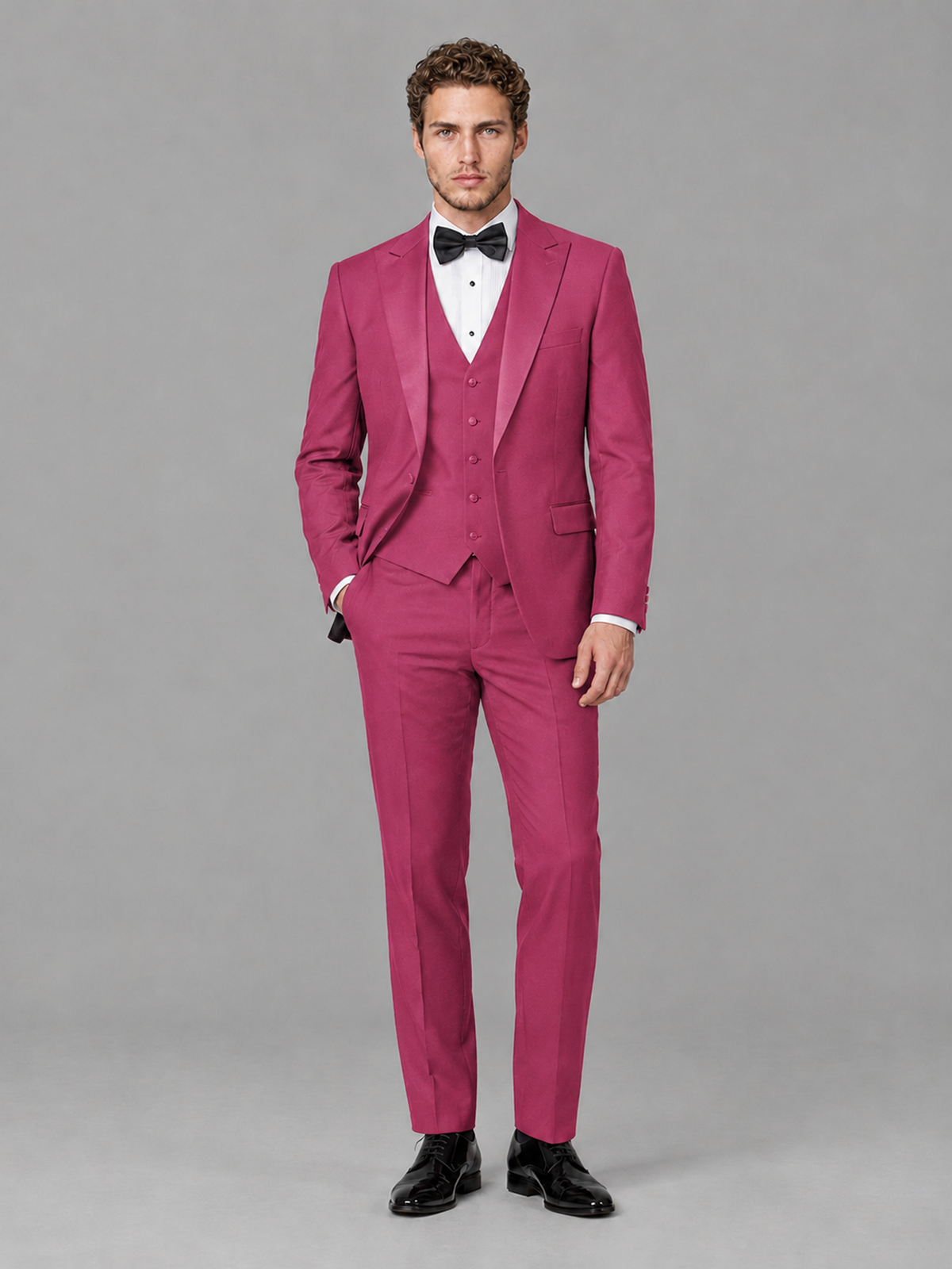 Savile Men's Hot Pink Peak Lapel 3-Piece Tuxedo Suit | Jacket, Vest & Trousers - Hot Pink