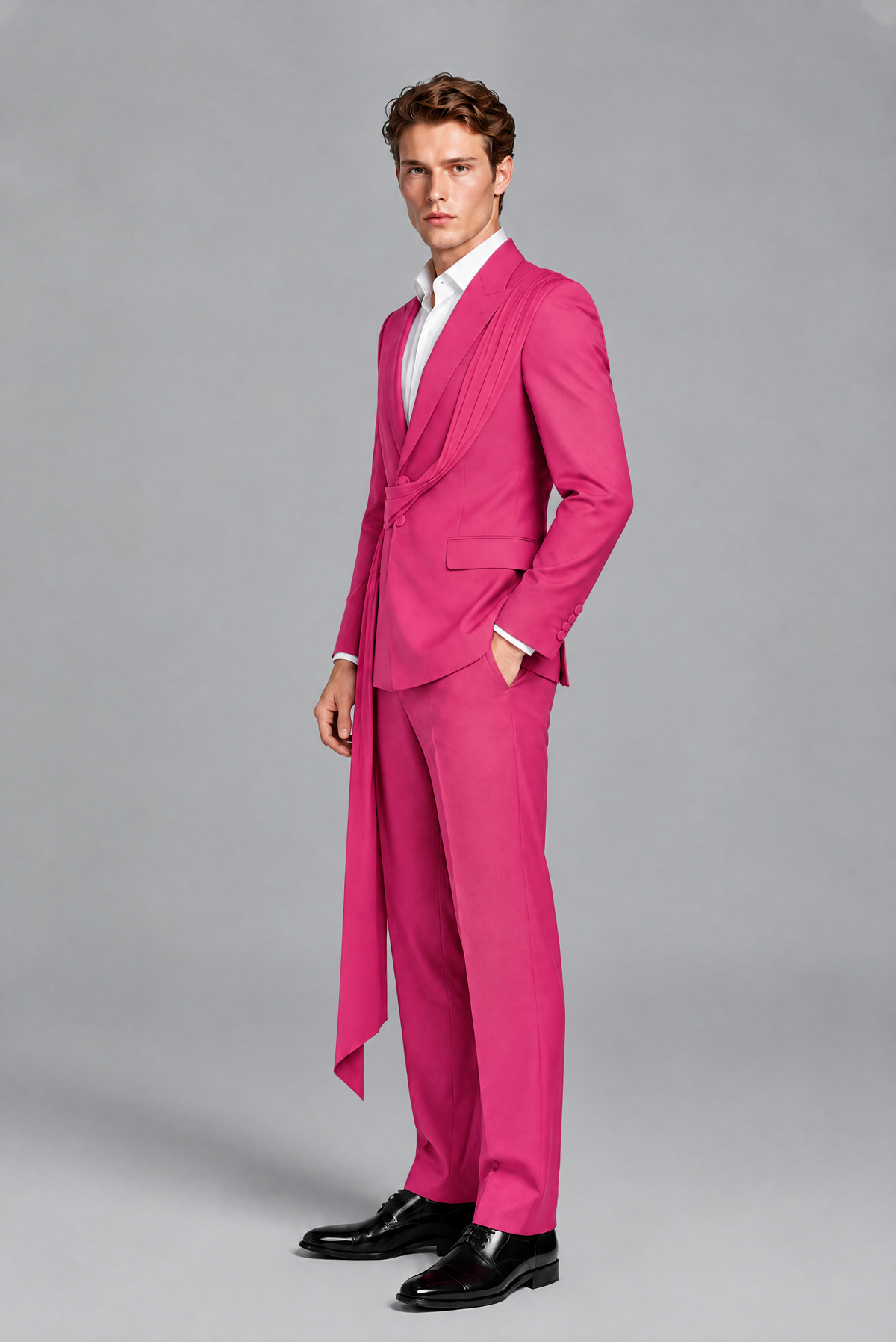 Men's Hot Pink Draped Sash Suit – Peak Lapel 2-Piece Slim Fit Party, Gala & Wedding Set - Hot Pink