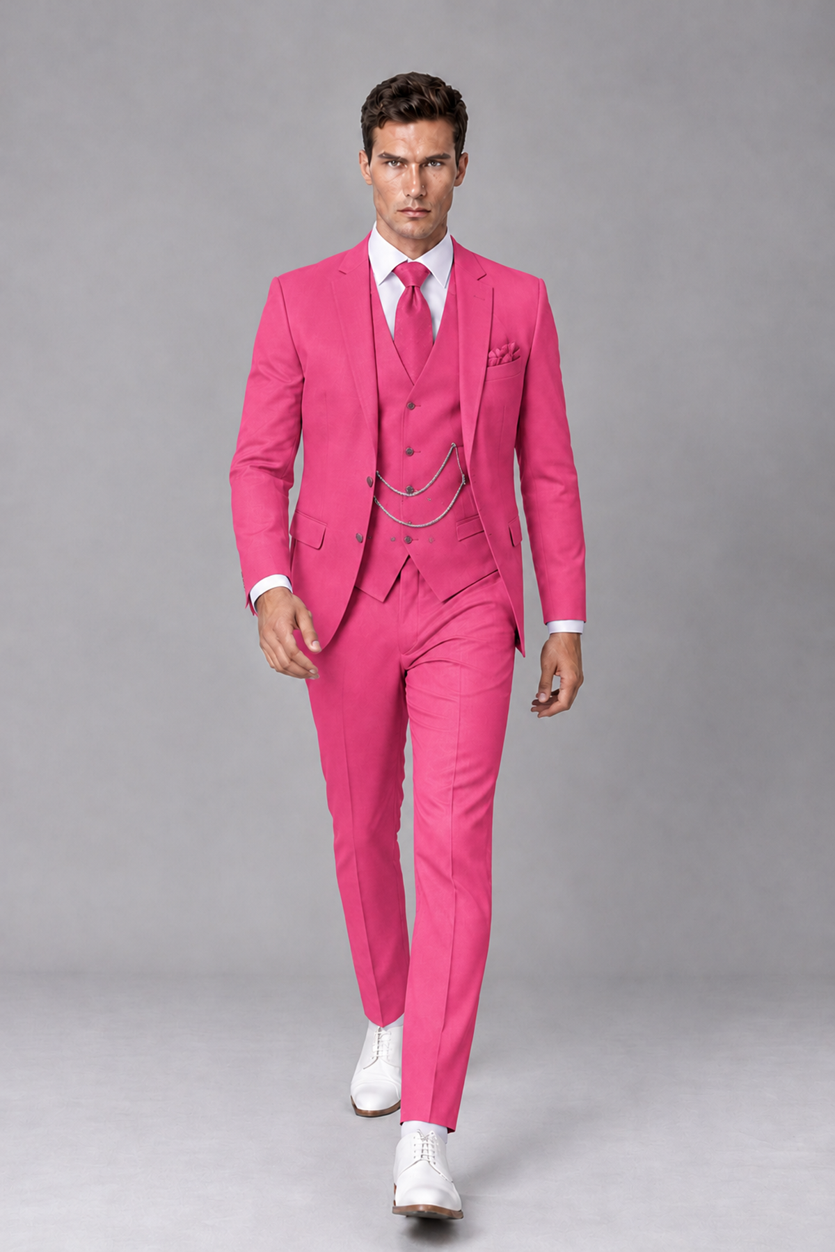 Savile Hot Pink 3-Piece Suit with Notch Lapel & Chain Vest - Hot Pink