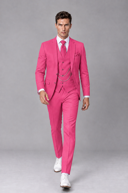 Savile Hot Pink 3-Piece Suit with Notch Lapel & Chain Vest - Hot Pink