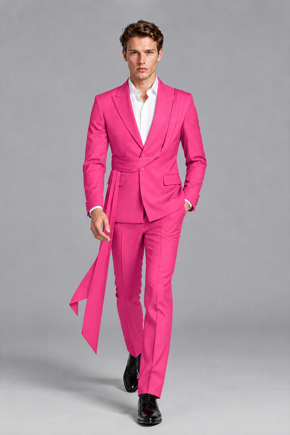 Men's Hot Pink Draped Sash Suit – Peak Lapel 2-Piece Slim Fit Party, Gala & Wedding Set - Hot Pink