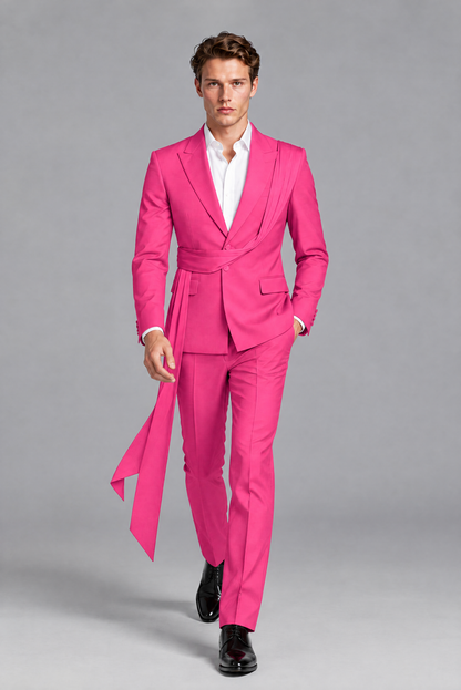 Men's Hot Pink Draped Sash Suit – Peak Lapel 2-Piece Slim Fit Party, Gala & Wedding Set - Hot Pink