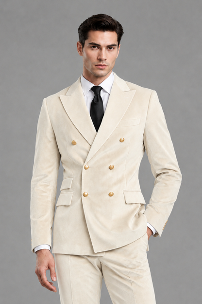 Savile Men's Ivory Velvet Double-Breasted 2-Piece Suit Set | Peak Lapel Blazer & Trousers - Ivory
