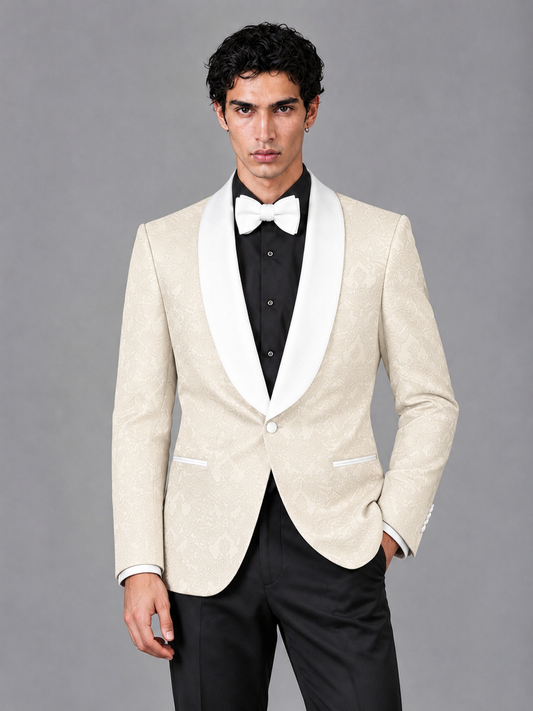 Savile Men's Ivory Jacquard White Shawl Lapel 2-Piece Tuxedo Suit Set | Jacket & Trousers - Ivory - Ivory (1)