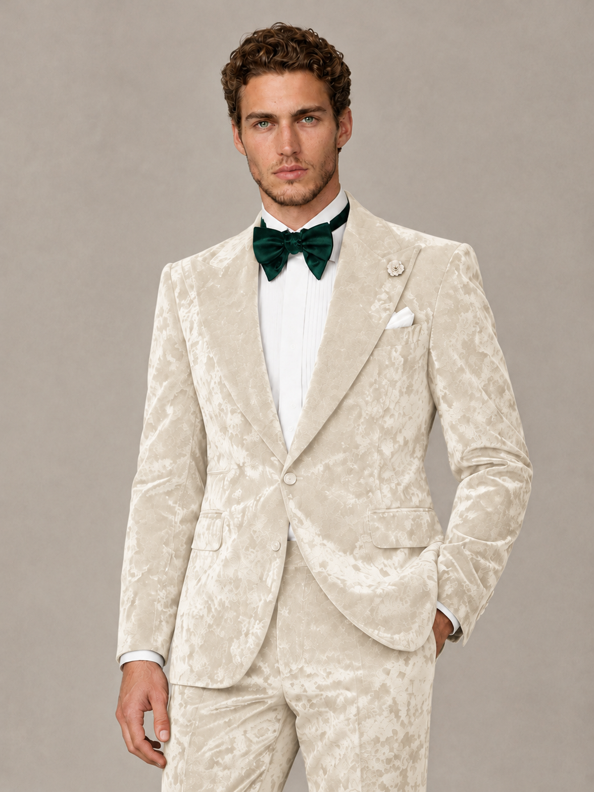 Savile Men's Ivory Crushed Velvet Peak Lapel 2-Piece Suit Set | Jacket & Trousers - Ivory - Ivory (1)