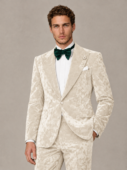 Savile Men's Ivory Crushed Velvet Peak Lapel 2-Piece Suit Set | Jacket & Trousers - Ivory - Ivory (1)