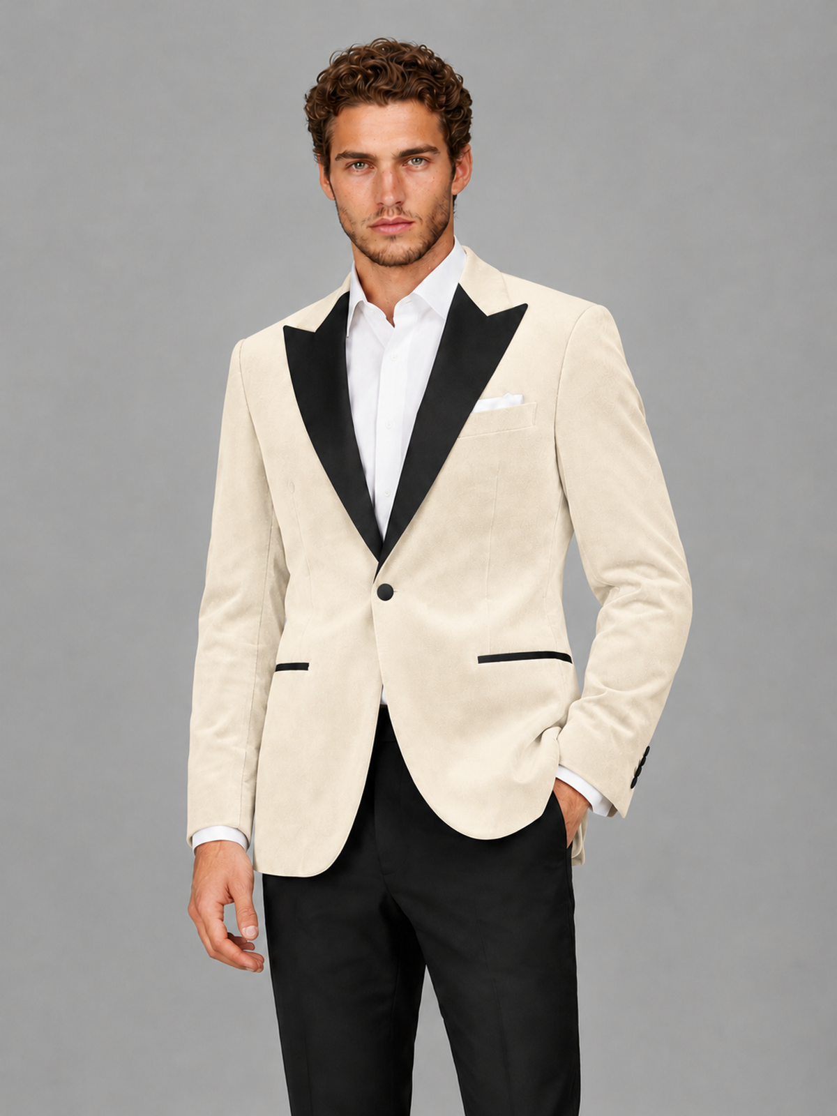 Savile Men's Ivory Velvet Peak Lapel 2-Piece Tuxedo Suit Set | Jacket & Trousers - Ivory