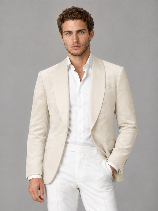 Savile Men's Ivory Velvet Shawl Lapel 2-Piece Tuxedo Suit Set | Jacket & White Trousers - Ivory - Ivory (1)