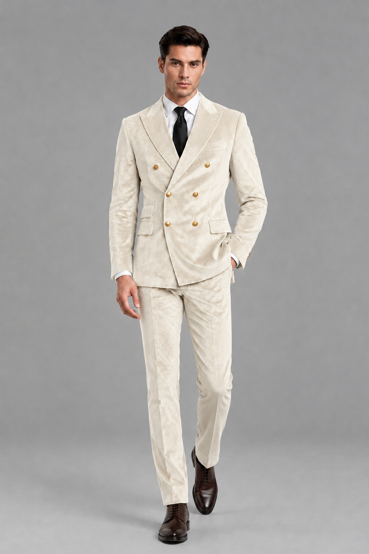 Savile Men's Ivory Velvet Double-Breasted 2-Piece Suit Set | Peak Lapel Blazer & Trousers - Ivory