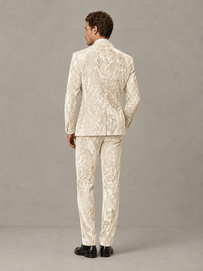 Savile Men's Ivory Crushed Velvet Peak Lapel 2-Piece Suit Set | Jacket & Trousers - Ivory - Ivory (2)