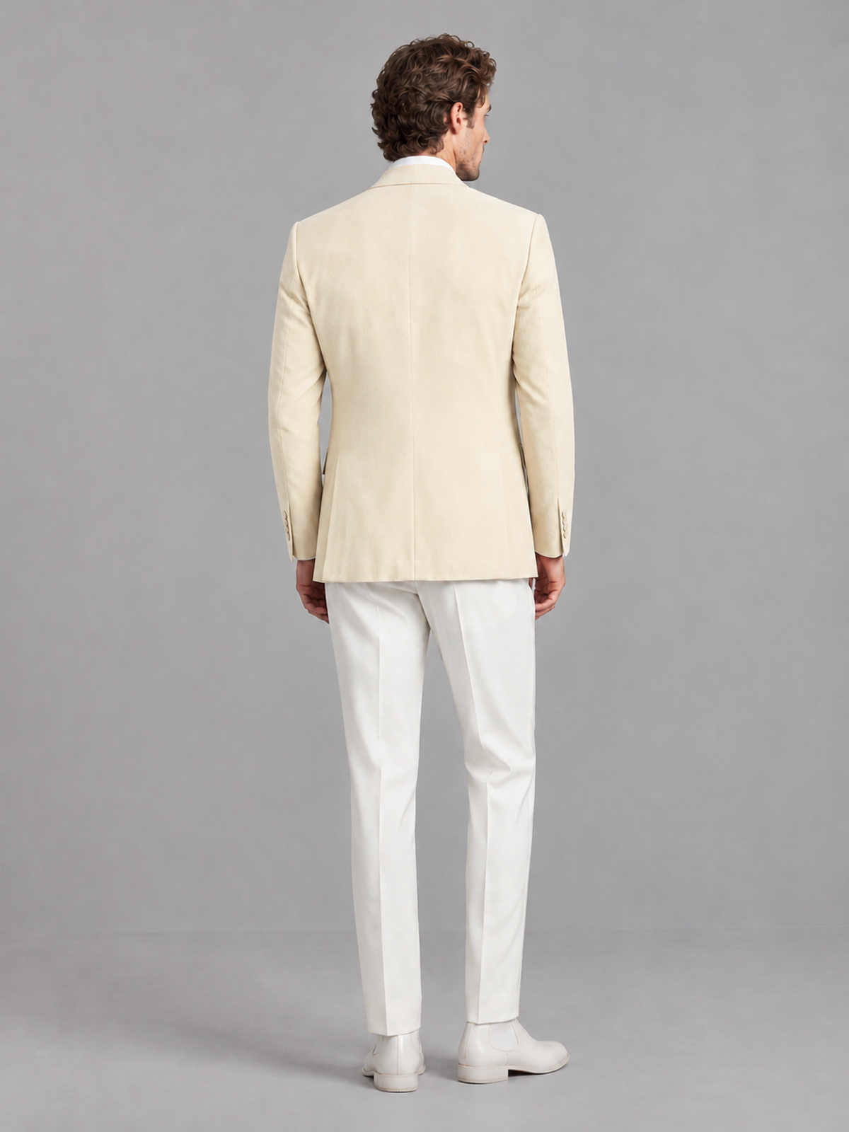 Savile Men's Ivory Velvet Shawl Lapel 2-Piece Tuxedo Suit Set | Jacket & White Trousers - Ivory - Ivory (2)