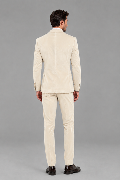 Savile Men's Ivory Velvet Double-Breasted 2-Piece Suit Set | Peak Lapel Blazer & Trousers - Ivory